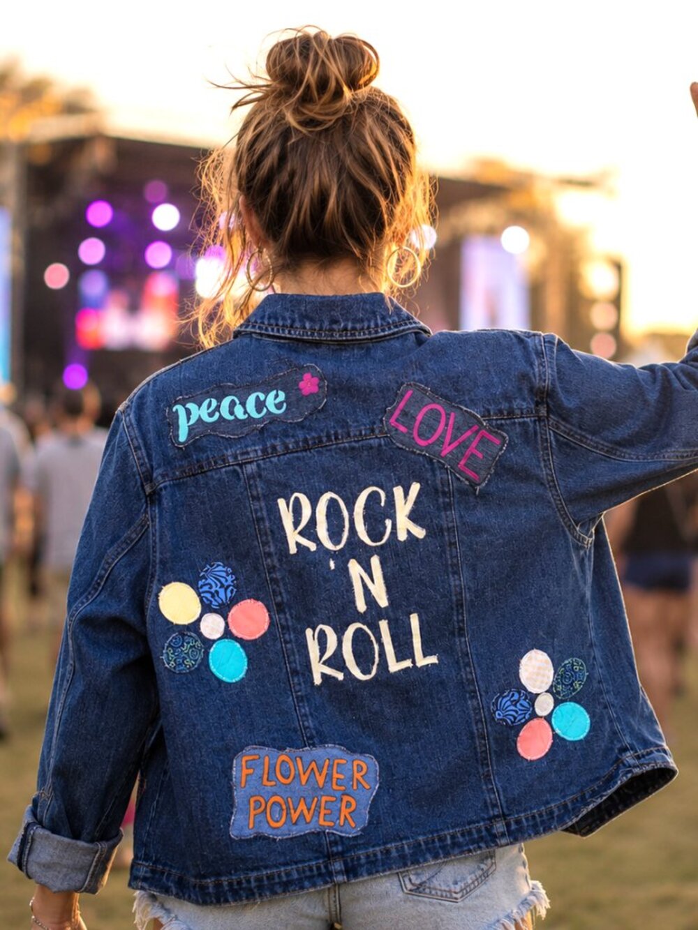 Painted Jean Jacket Upcycled Denim Shirt Rock and Roll Hippie Top Size Medium